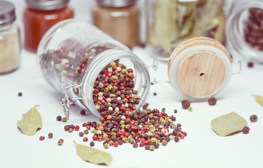 spices, jar, kitchen, cooking, wooden, pepper, glass, wood, ingredient, chili