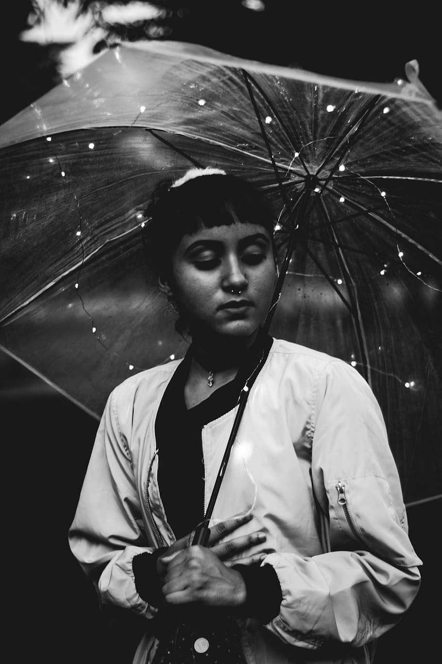 people, woman, sassy, umbrella, beauty, black and white, monochrome, front view, one person, real people