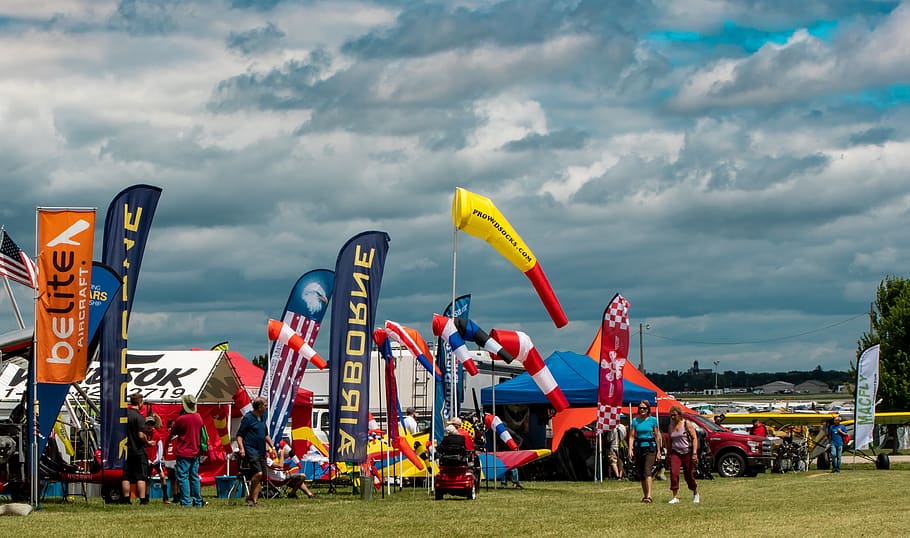 aviation, wind, colorful, fly-in, wind sock, cloud - sky, sky, group of people, real people, crowd