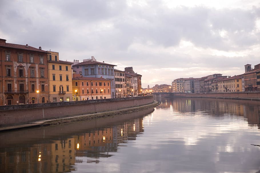 view, river arno, italy, evening, clouds, background, architecture, cityscape, europe, riverbank