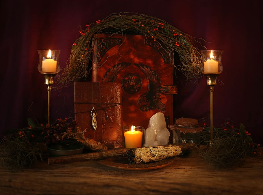 candle, illuminated, light, altar, pagan, wiccan, magic, sage, crystals, wand