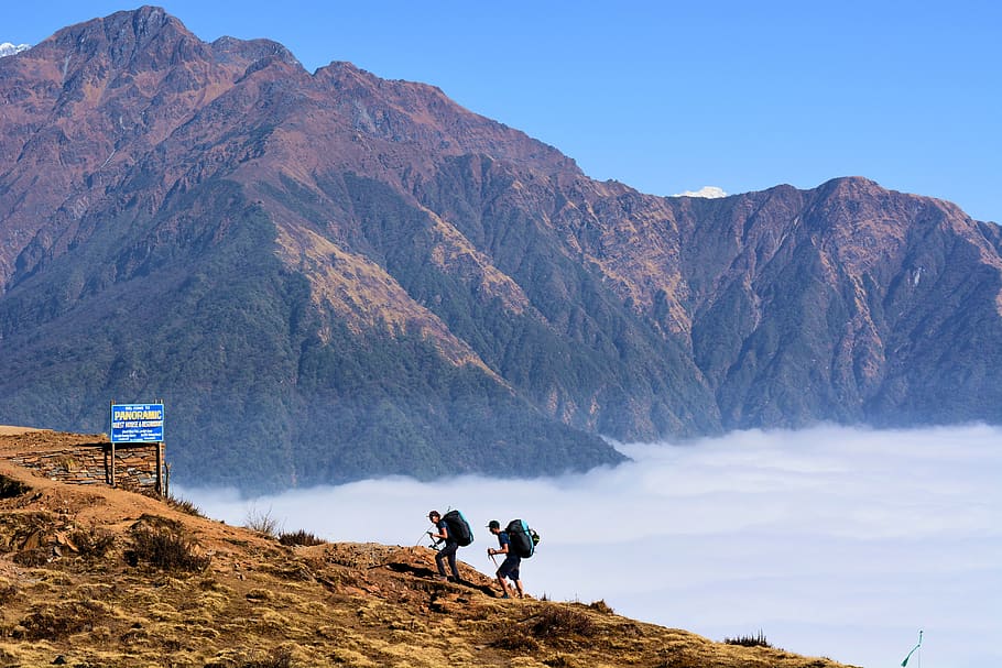 trek, mountain, nepal, trekkers, trekking, hiking, hiker, people, adventure, dom