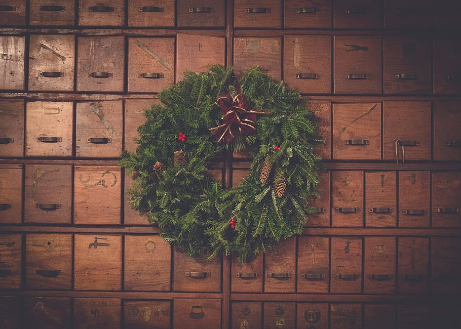 коричневый, деревянный, ящик, зеленый, венок, рождество, день, декор, праздник, украшение