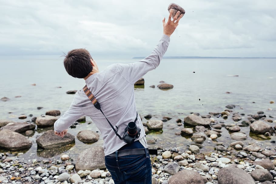 guy, throwing, rock, water, adult, background, environment, dom, fun, lifestyle