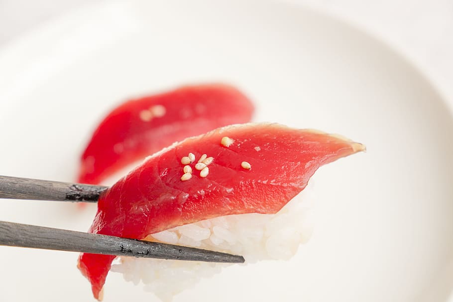 nigiri sushi, chop sticks, close up, dinner, japan, japanese, lunch, nigiri, raw, rice