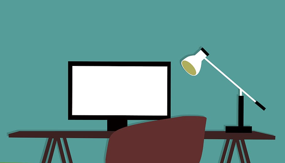 illustration, modern, workplace, computer, light, desk., media, article, banner, blog