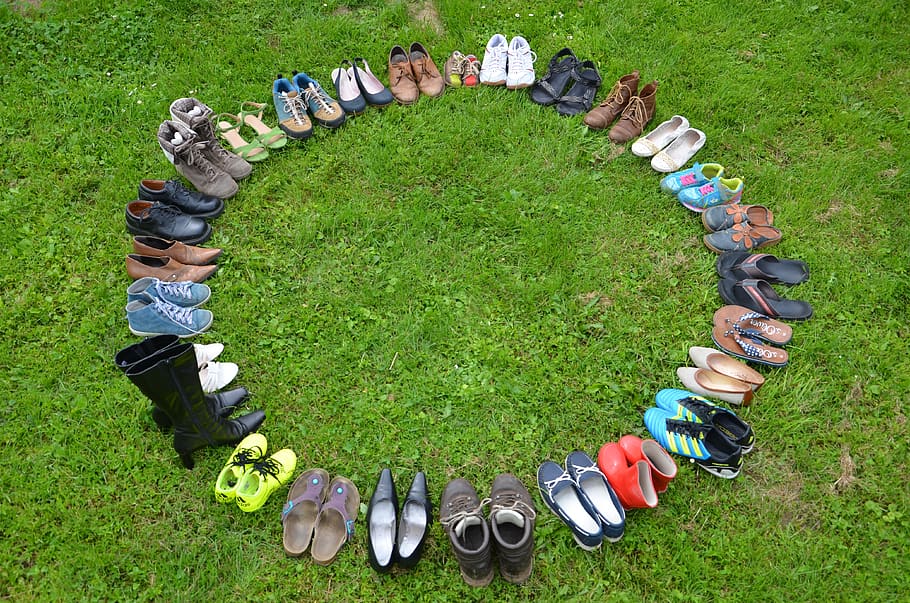 shoes, district, meadow, shoe circle, family, meeting, friends, colorful, diversity, mix