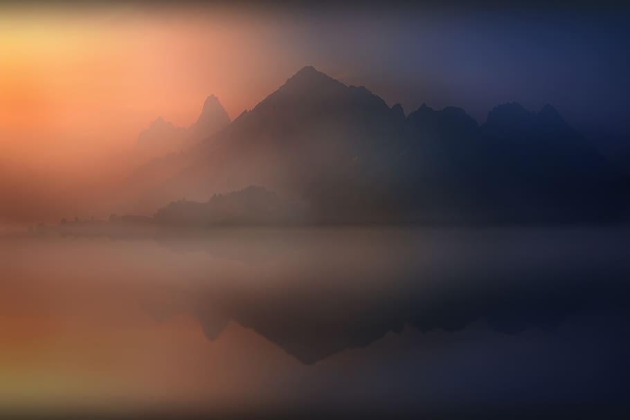 mountain, lake, mist, sunrise, foggy, nature, landscape, beautiful, tranquility, beauty in nature