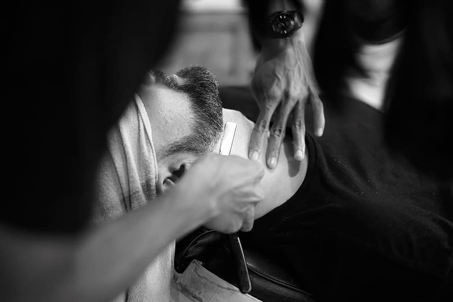 barber, barbershop, shave, shaving, black and white, man, customer, business, straight razor, cream