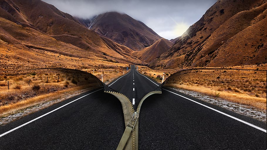 road with a zipper, composing, fantasy, photomontage, surreal, fantasy picture, landscape, road, mountain, transportation