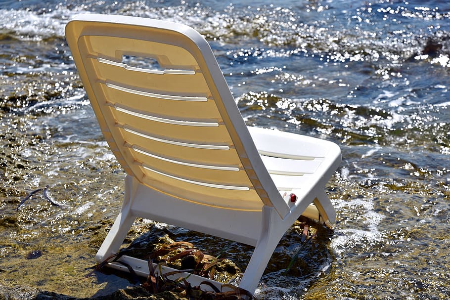 chair, plastic, sea, vacations, recovery, empty, water, bank, wave, relaxation