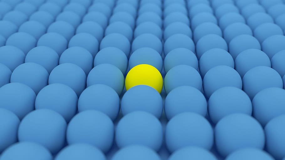 field, blue, spheres, one, stand, yellow., yellow, ball, bunch, circles