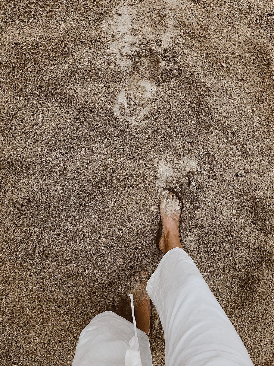 woman, walking, sand, beach, summer, footprint, white, trousers, slacks, sea