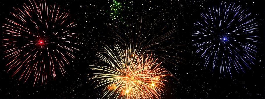 dia de ano novo, véspera de ano novo, fogos de artifício, bandeira, céu estrelado, saudação de ano novo, foguete, alegre, colorido, brilhando