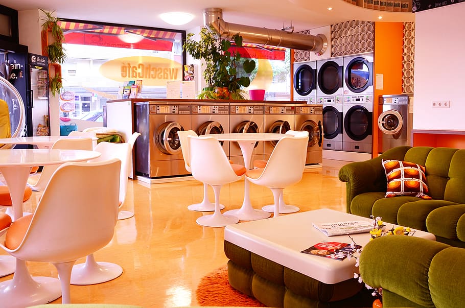 launderette, drum roll, wash, 70s, seat, chair, table, indoors, restaurant, absence