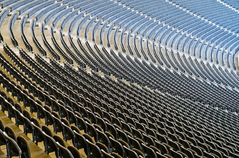stadion, acara olahraga, kursi, deretan kursi, pola, bingkai penuh, latar belakang, tidak ada orang, tampilan sudut tinggi, hari