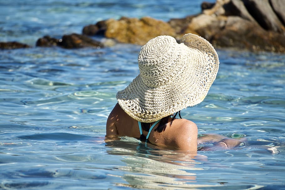 relajación, mar, sombrero, claridad, verano, vacaciones, niña, costa, tranquilidad, transparencia