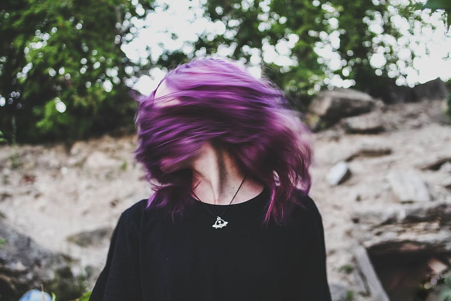 woman, purple, hair, people, girl, model, movement, pose, one person, real people
