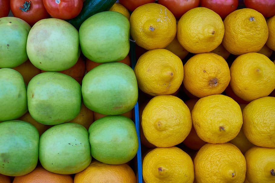 maçã, limão, fruta, comida, saudável, vitaminas, fresco, exótico, amarelo, cítrico