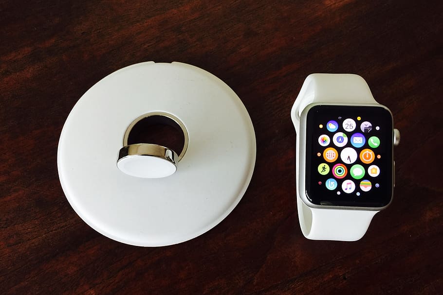 smartwatch, technology, tech, watch, wireless technology, communication, table, mobile phone, high angle view, directly above