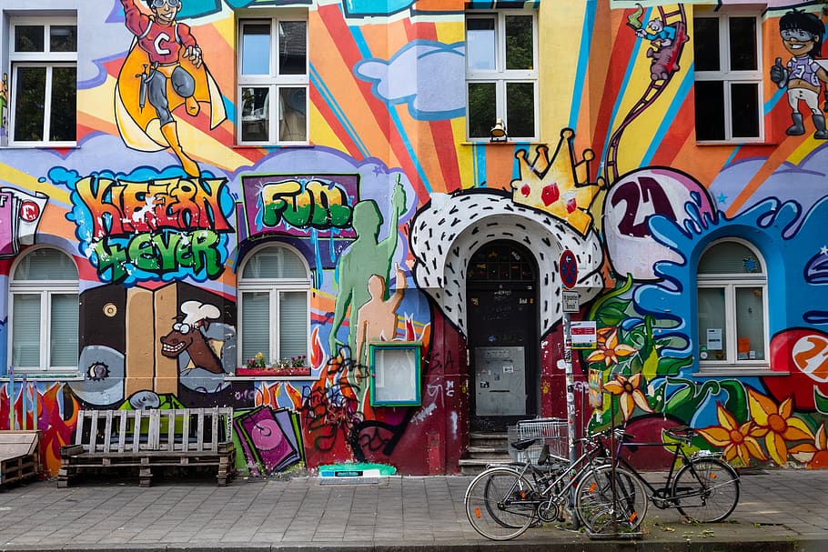 grafitti, düsseldorf, pine street, flingern, house, colorful, painted, art, architecture, building