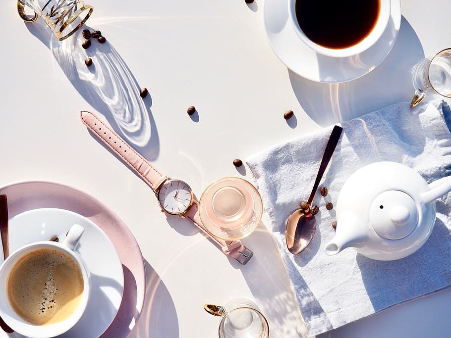 coffee, table, watch, pink, white, teapot, drink, food, spoon, reflection