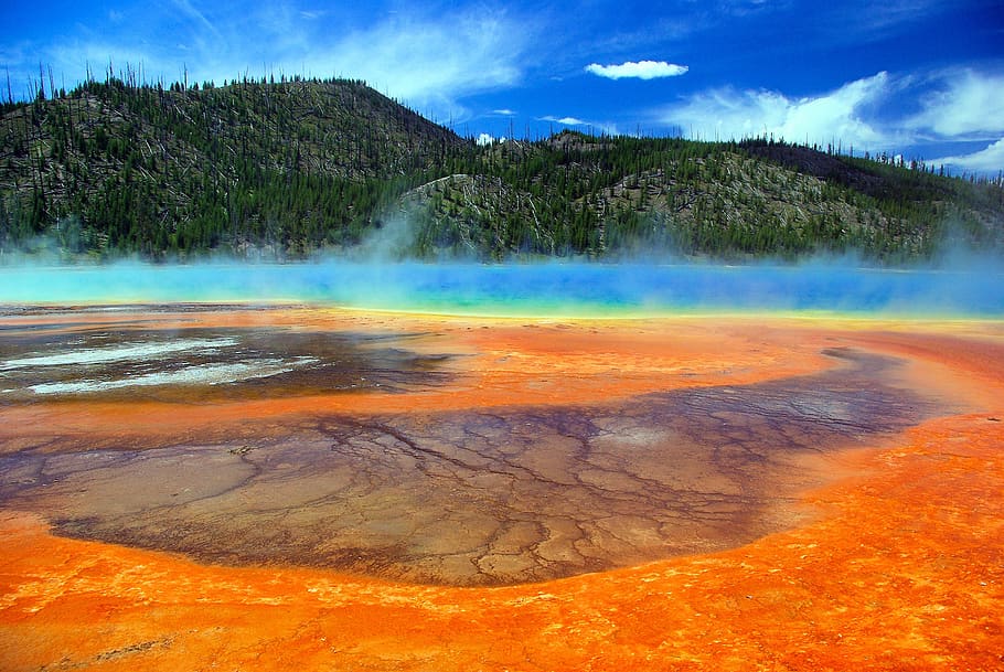 grand prismatic hot spring, thermal, spring, grand, prismatic, yellowstone, national, park, geothermal, pool