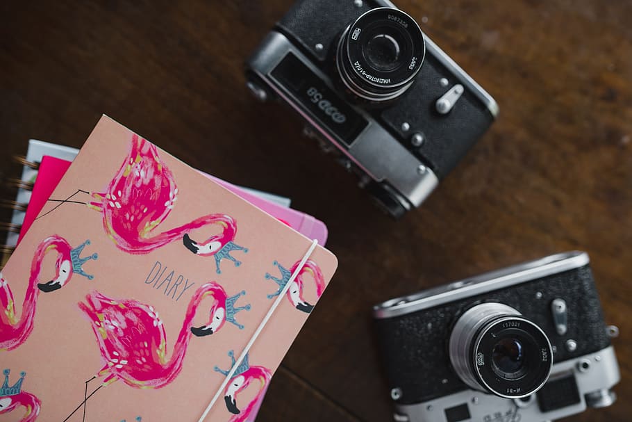old, analog cameras, pink, books, wooden, table, camera, analog, book, diary