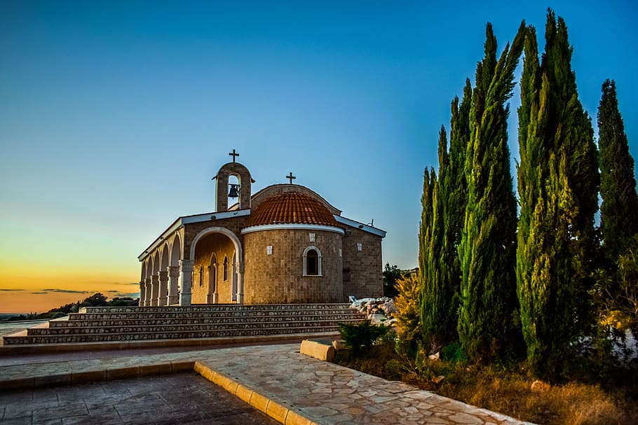 church, landscape, cypress, scenery, afternoon, ayios epifanios, ayia napa, cyprus, architecture, travel