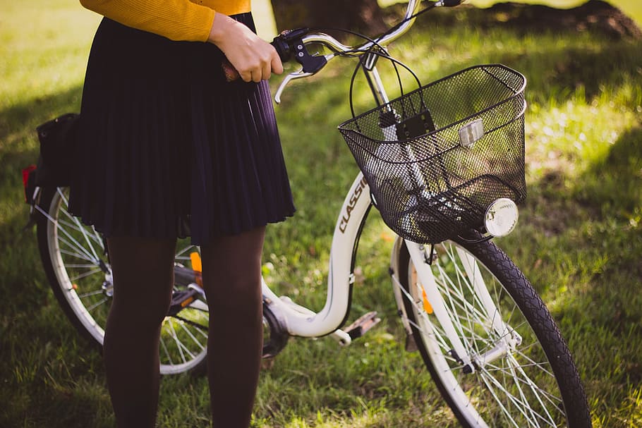 people, girl, woman, alone, bike, bicycle, basket, green, grass, ground