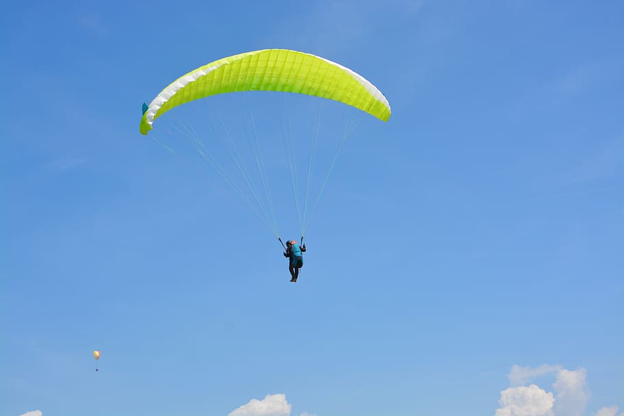 paragliding, paraglider, harness seat paragliding, veil yellow green, flight, wind, nature, leisure, aircraft, france