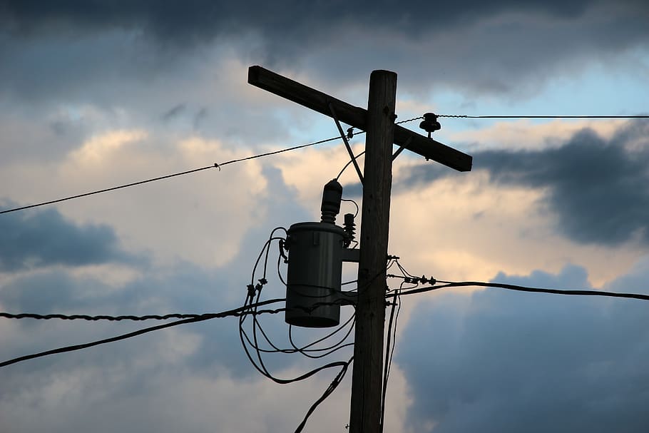 power pole, clouds, electricity, line, dusk, wires, cable, cloud - sky, low angle view, sky