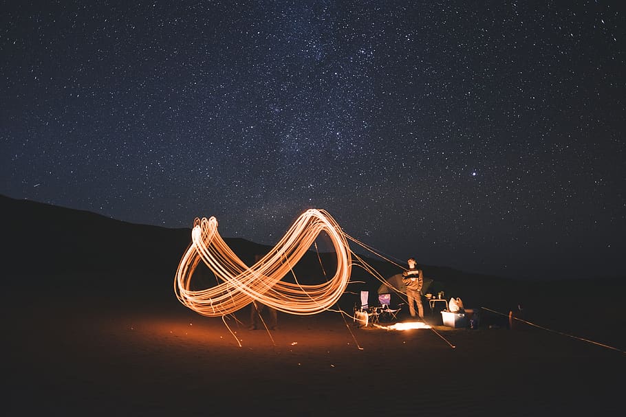 night sky, camping, sparks, fire, swirls, light, people, night, sky, adventure