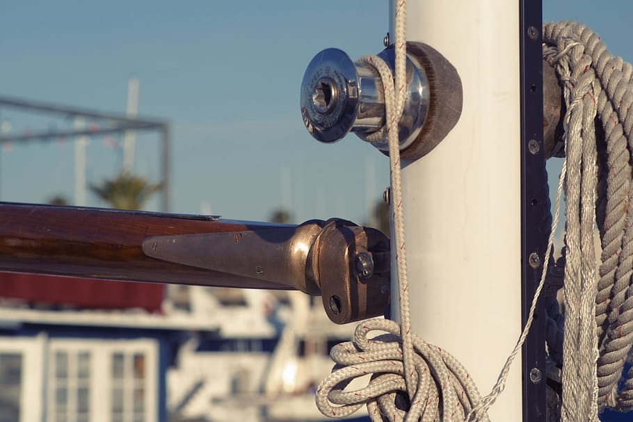 sailboat, pole, rope, focus on foreground, day, close-up, metal, architecture, built structure, building exterior