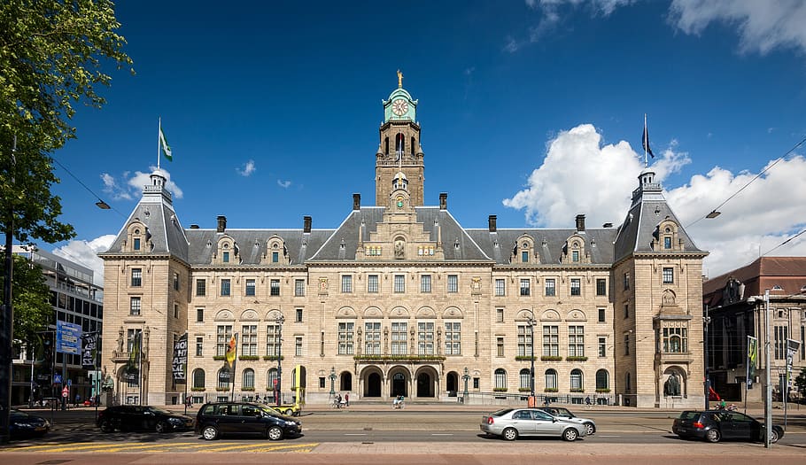 rotterdam, town hall, coolsingel, city, street, built structure, building exterior, architecture, sky, motor vehicle