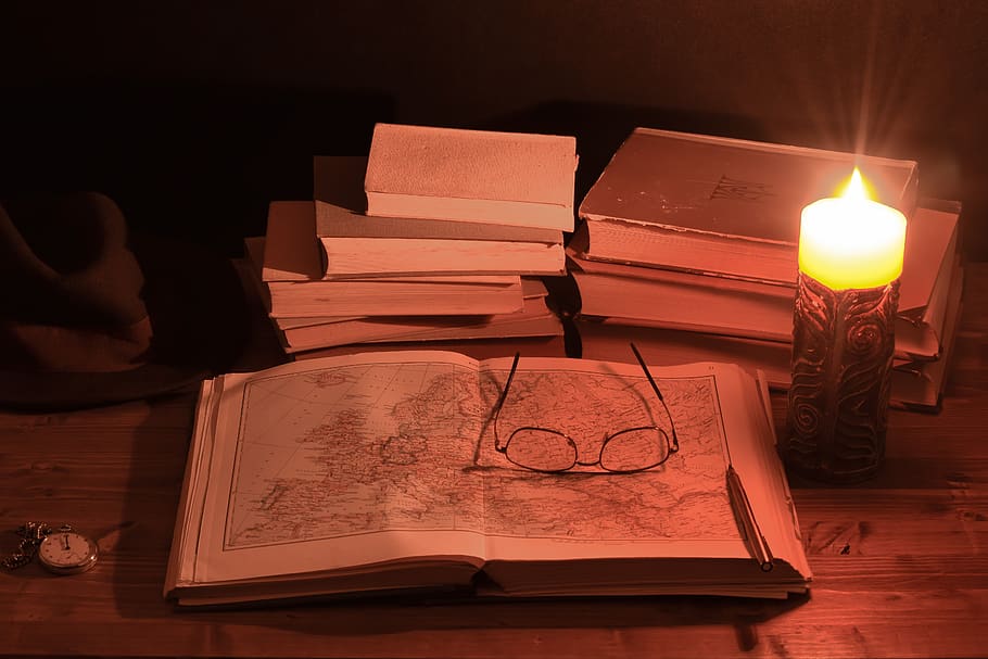 notebook, books, old books, glasses, candle, book, retro, vintage, photos, memories