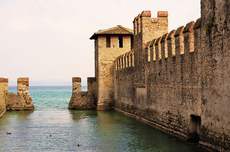 castle, rocca, torre, middle ages, fortress, sirmione, water, architecture, built structure, building exterior