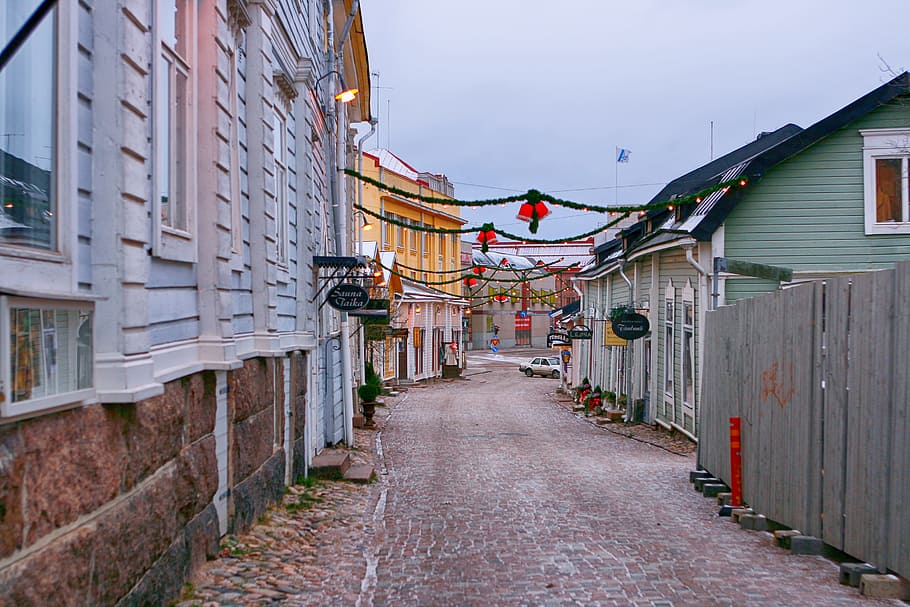 kuno, kota, jalan berbatu, tujuan, eropa, fasad, finlandia, bersejarah, rumah, nordic