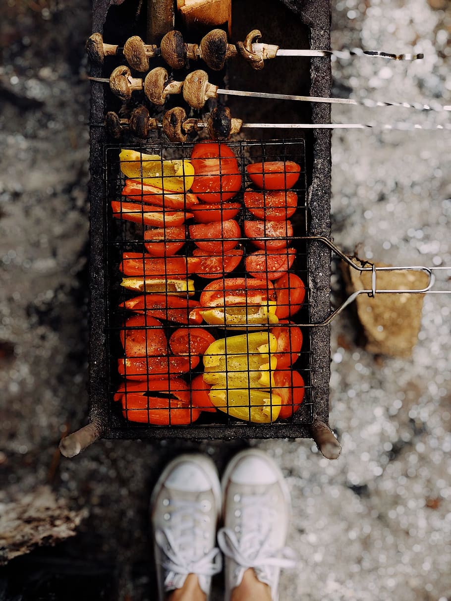 churrasco, pimentas, frango, fogo, assado, cozinhar, ao ar livre, grelha, sapatos, tênis