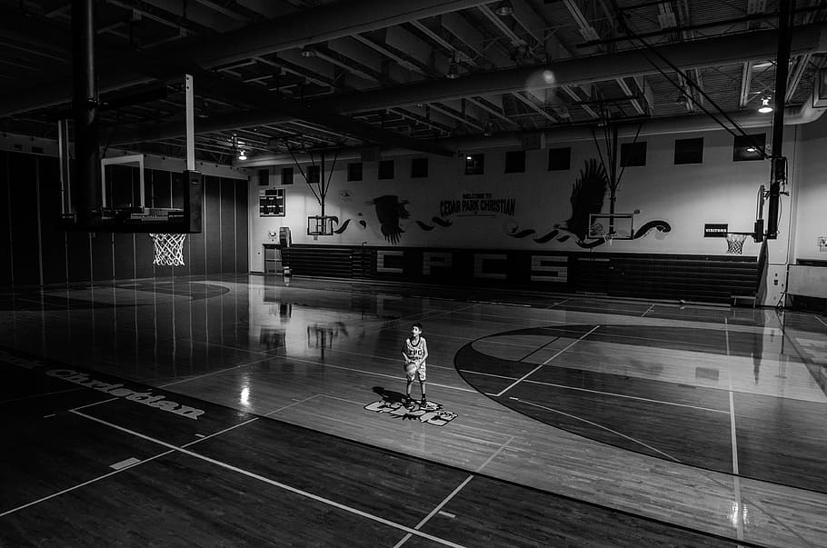 people, boy, court, basketball, game, sport, play, black and white, monochrome, ring