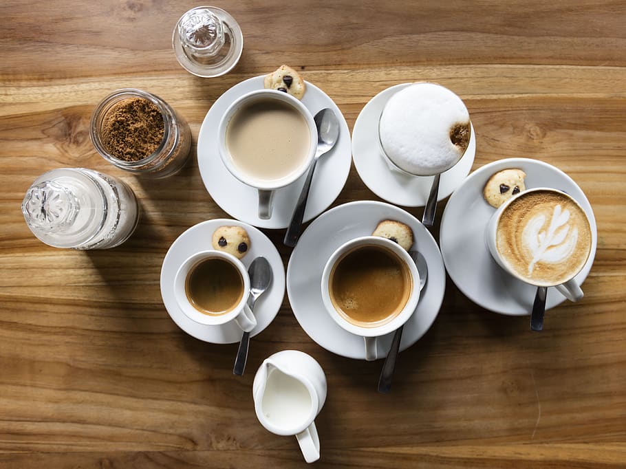 cup, mug, coffee, hot, art, design, foam, milk, plate, table
