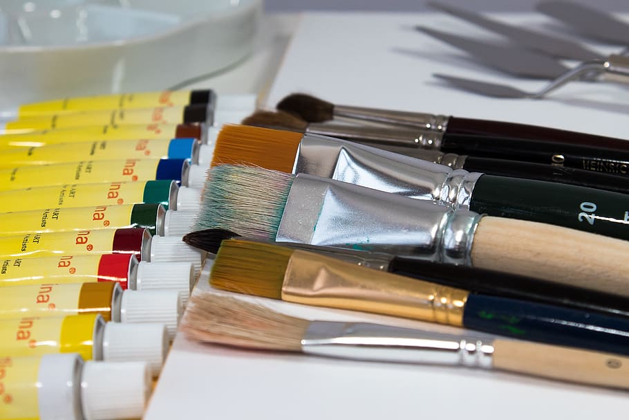 paint, atelier, painter, hobby, brush, color, acrylic paints, spatula, drawing pad, preparation