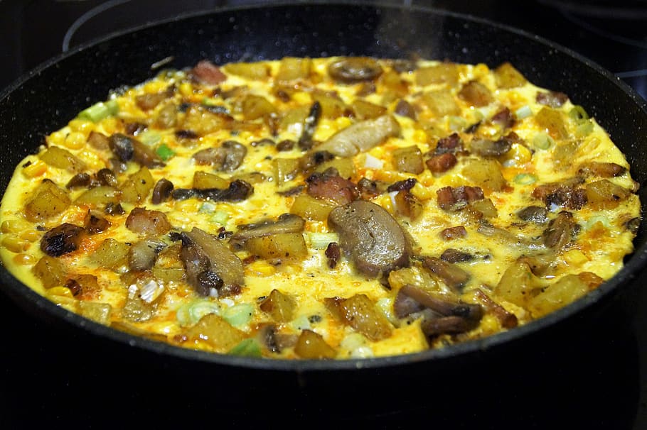 ovo, omelete, salgado, panqueca, cogumelos, gema, panela, frito, vegetais, rápido