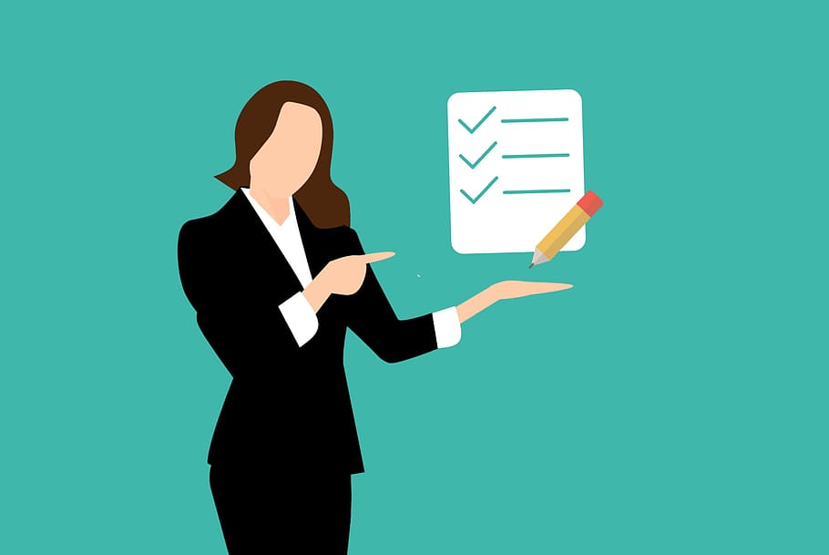 illustration, woman, checklist., checklist, business, businesswoman, notebook, list, check, pen