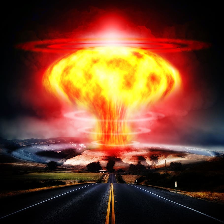 explosão, estrada, rota, caminho, maneira, nuclear, placa, transporte, comunicação, sinal de aviso