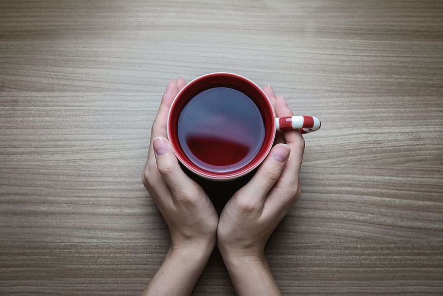 woman, holding, hot, cup, tea, human hand, hand, human body part, one person, red