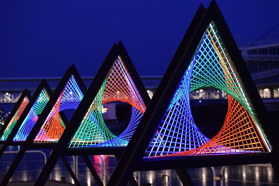 lights, colors, installation, toronto, ontario place, light, color, string, triangle, exhibit