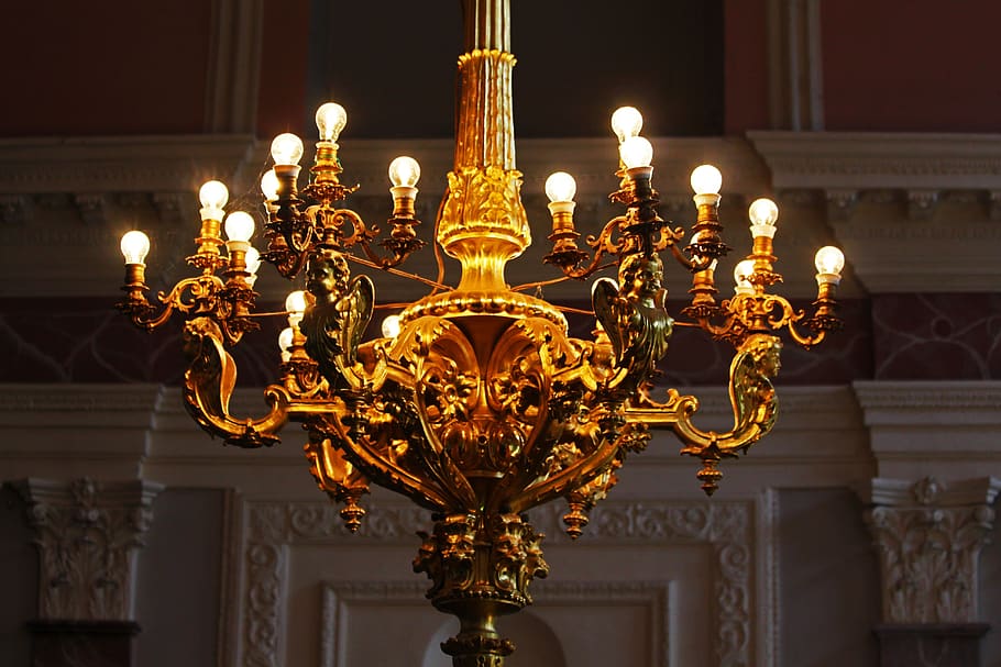 chandelier, castle, castle illuminations, golden chandelier, splendor, hall, elegance, palatial, ballroom, ornament
