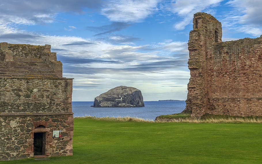 tantallon castle, bass rock, ruin, coast, castle, sea, fortress, east coast, north sea, scotland