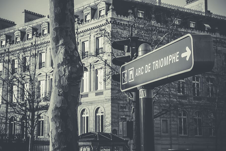 arc de triomphe, road, sign, direction, arrow, street, city, paris, france, travel